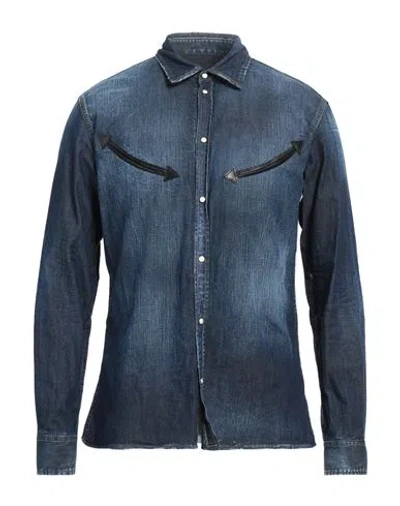 Dsquared2 Man Denim Shirt Blue Size 44 Cotton, Elastane, Cow Leather