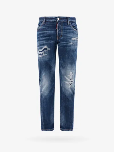 Dsquared2 Blue Slim Jeans With Rips And Bleach Effect In Cotton Blend Denim Man