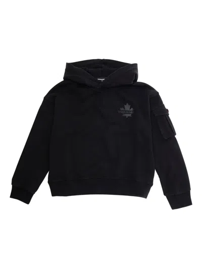 Dsquared2 Kids' Maple-leaf Pocket Hoodie In Black
