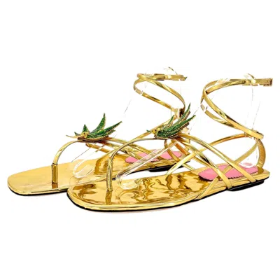 Pre-owned Dsquared2 Marija Gold Mirror Patent Leather Leaf Ankle Wrap Flat Sandals 39