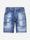 Dsquared2 Light Blue Bermuda Shorts With Rips And Logo Patch In Cotton Denim Man In Navy Blue