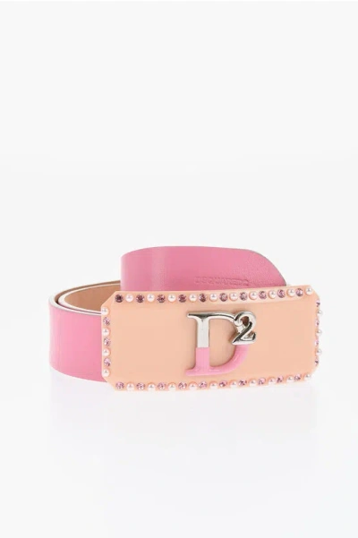 Dsquared2 Maxi Leather Belt With Metal Buckle 40mm In Pink