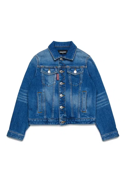 Dsquared2 Medium Blue Denim Jacket With Abrasions