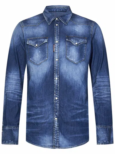 Dsquared2 Medium Wash Classic Western Shirt In Blue
