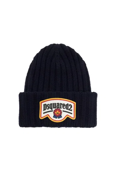 Dsquared2 Cappello Beanie Con Patch Logo In Blue