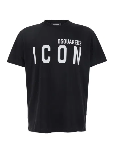 Dsquared2 Men Black Crewneck T-shirt With Maxi Logo Print On The Front In Cotton Man