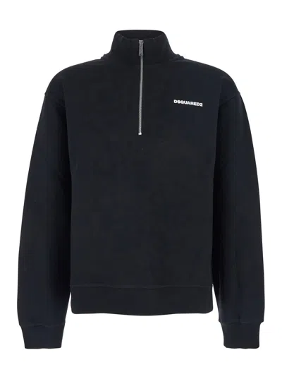 Dsquared2 Men Black High Neck Sweatshirt With Lettering Logo On The Front In Cotton Man