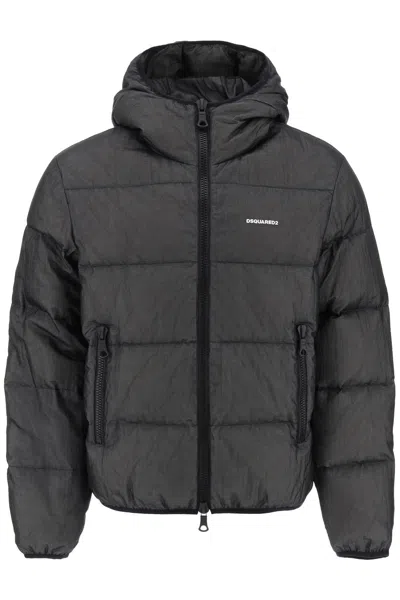 DSQUARED2 MEN'S BLACK HOODED PUFFER JACKET WITH QUILTED RIPSTOP NYLON