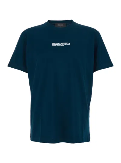 DSQUARED2 DSQUARED2 MEN BLUE CREWNECK T-SHIRT WITH LOGO LETTERING ON THE FRONT IN COTTON MAN