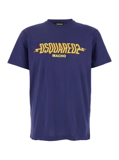 DSQUARED2 DSQUARED2 MEN BLUE CREWNECK T-SHIRT WITH LOGO PRINT ON THE FRONT IN COTTON MAN