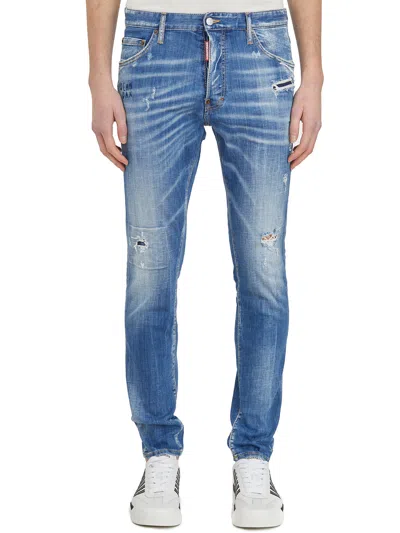 Dsquared2 Men's Blue Denim Stretch 5-pocket Jeans In Medium Dust Wash With Belt Loops And Size 46