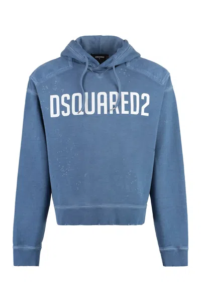 DSQUARED2 MEN'S BLUE DESTROYED COTTON HOODIE FOR FW23