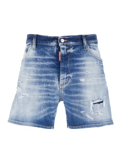 Dsquared2 Men Blue Jeans With Distressed Effect And Logo Patch On The Back In Denim Man