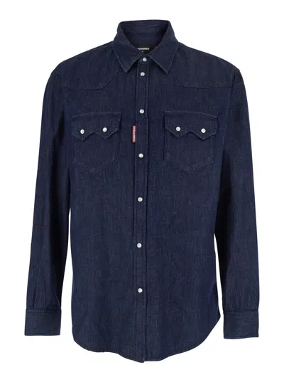 DSQUARED2 DSQUARED2 MEN BLUE SHIRT WITH CLASSIC COLLAR AND TWO FRONT PATCH POCKETS WITH BUTTONS IN DENIM MAN