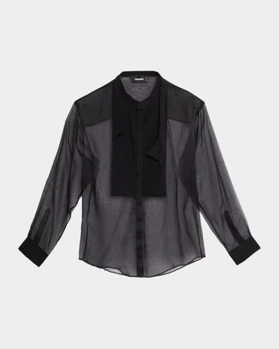 Dsquared2 Men's Bow Tie Drop-shoulder Sheer Silk Shirt In Black