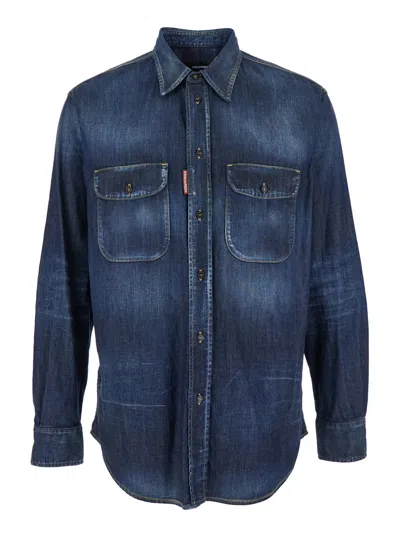 DSQUARED2 DSQUARED2 MEN BLUE SHIRT WITH POINTED COLLAR AND ELBOW PATCHES IN DENIM MAN