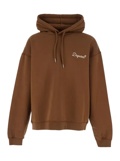 Dsquared2 Men's Cotton Drawstring Hoodie With Front Logo Lettering In Brown