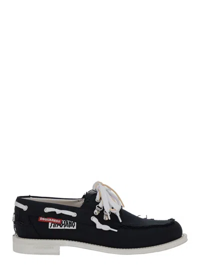DSQUARED2 DSQUARED2 MEN 'D2 X MAGLIANO' BLACK LOAFERS WITH LOGO PATCH ON THE SIDE AND FRONT LACES IN COTTON MA