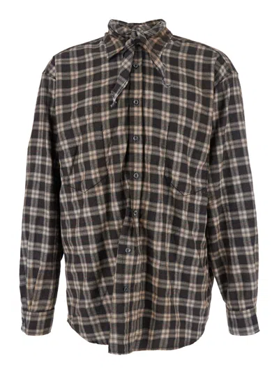 DSQUARED2 DSQUARED2 MEN 'D2 X MAGLIANO' BROWN SHIRT WITH TIE DETAIL ON THE FRONT AND ALL-OVER CHECK MOTIF IN C