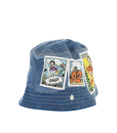 Dsquared2 Men Denim Graphic Bucket Hat In Blue