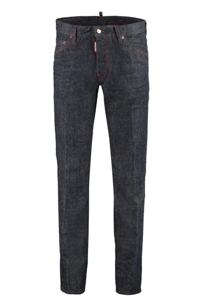 Dsquared2 Men's Denim Pants With Back Leather Logo Tag And Contrast Stitching In Blue