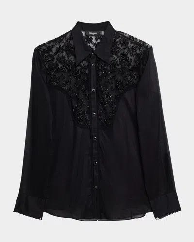Dsquared2 Men's Embroidered Sheer Western Shirt In Black