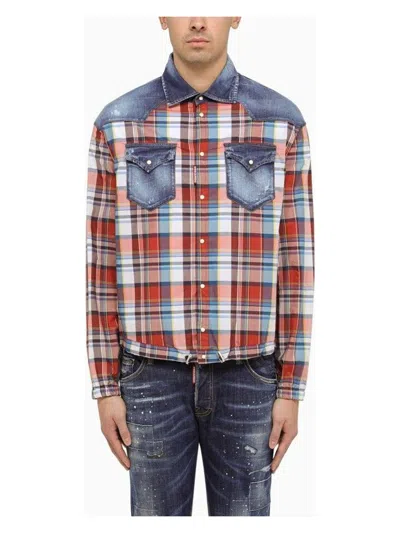 DSQUARED2 MEN'S MULTICOLOURED CHECKED SHIRT WITH DENIM DETAILS | SIZE 48 | S71DM0702S78603