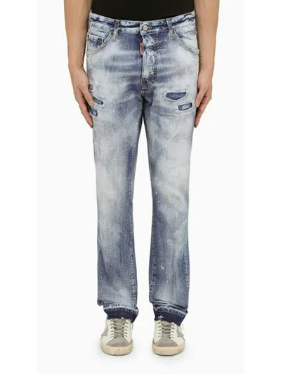 DSQUARED2 MEN'S NAVY BLUE WASHED JEANS WITH DENIM WEAR