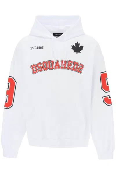 Dsquared2 Men's Oversized Hooded Hockey Sweatshirt With Numerical Prints And Lettering In White