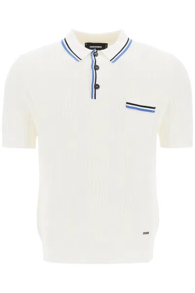 Dsquared2 Men's Pointelle Knit Polo Shirt With Striped Trim In White