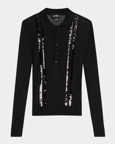 Dsquared2 Men's Sequin-striped Knit Polo Shirt In Black