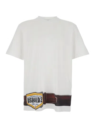Dsquared2 Men White Crew Neck T-shirt With Raised Collar And Print On The Front And Back In Cotton M