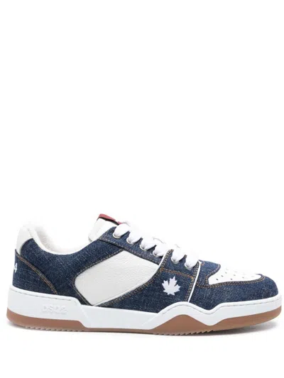 Dsquared2 Men's White Leather Sneaker With Blue Denim Panel And Maple Leaf Embroidery In Red