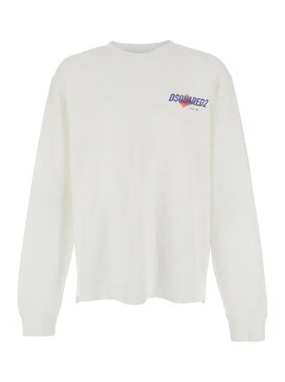 Dsquared2 Men White Sweater With Logo Printed On The Chest In Cotton Man
