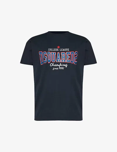 Dsquared2 Mens Blue Navy College Logo Text-print Cotton-jersey T-shirt