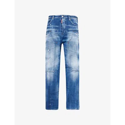 Dsquared2 Mens Navy Blue Carpenter Paint-splatter Relaxed-fit Tapered Stretch-denim Jeans