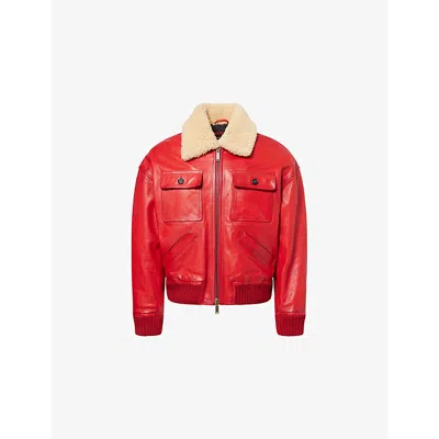 Dsquared2 Mens Cherry Red Shearling-collar Aviator Leather Bomber Jacket