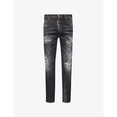Dsquared2 Mens Black Skater Paint-splatter Distressed Slim-fit Tapered-leg Stretch-denim Jeans