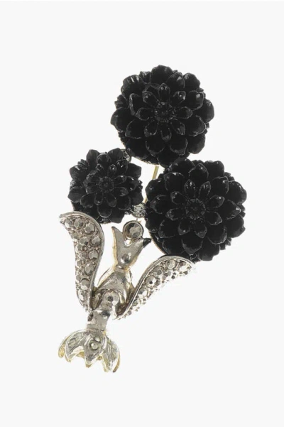 Dsquared2 Metal Brooch With Floral Design And Rhinestones In Black