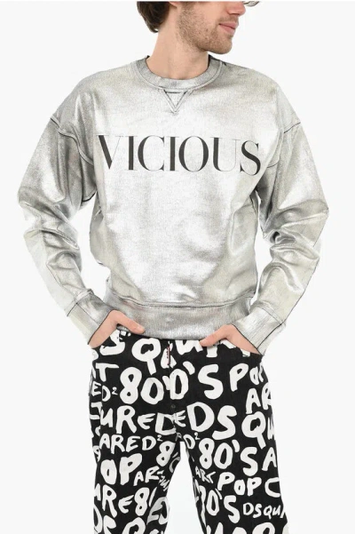 Dsquared2 Metallic Effect Cotton Crew-neck Sweatshirt In Silver