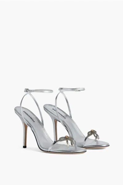 Dsquared2 Metallic Effect Leather Sandals With Strap Heel 12 Cm In Silver