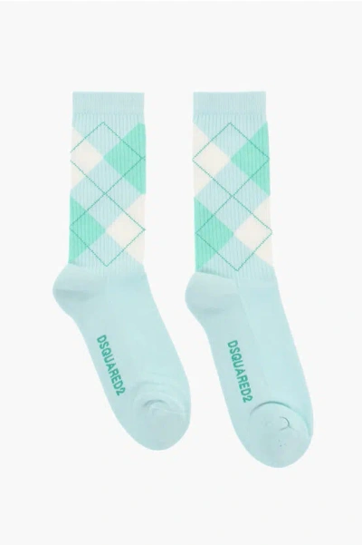 Dsquared2 Mid-crew Ribbed Argyle Socks In Green