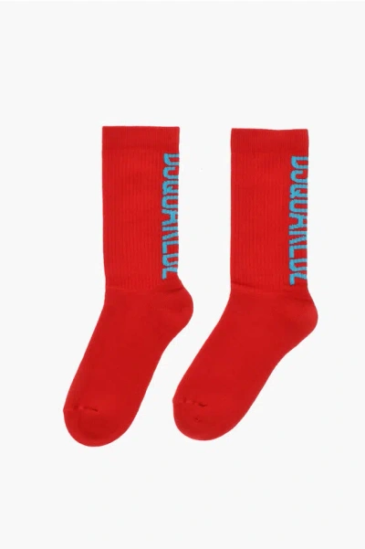 Dsquared2 Mid-crew Ribbed Socks With Contrasting Logo In Red