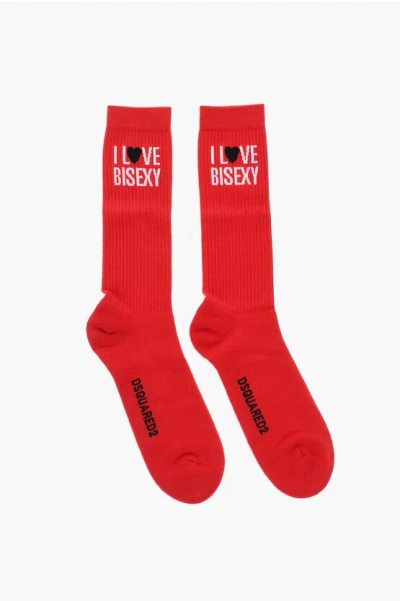Dsquared2 Mid-crew Socks I Love Bisexy Solid Ribbed In Red