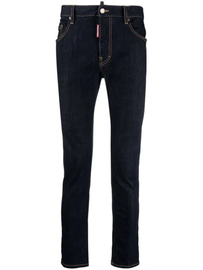 DSQUARED2 MID-RISE SKINNY JEANS IN INDIGO BLUE WITH BEIGE STITCHING