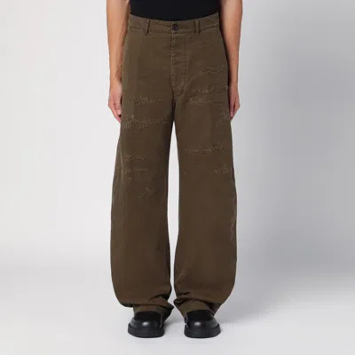 Dsquared2 Military Green Wide Trousers With Wear In Brown