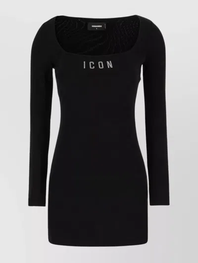 Dsquared2 Mini Dress Viscose Rhinestone Square Neckline Sleeves In Black