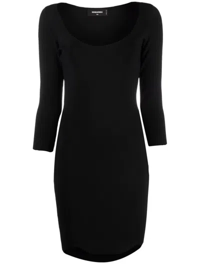 Dsquared2 Minimalist Fitted Mini Dress With Curved Hemline In Black