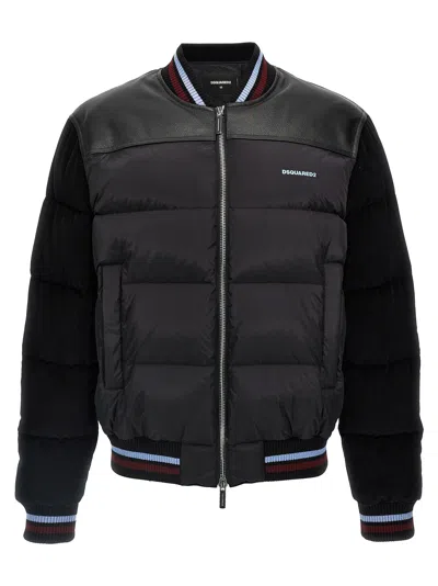 Dsquared2 Padded Down Feather Coats With Corduroy Sleeves In Black