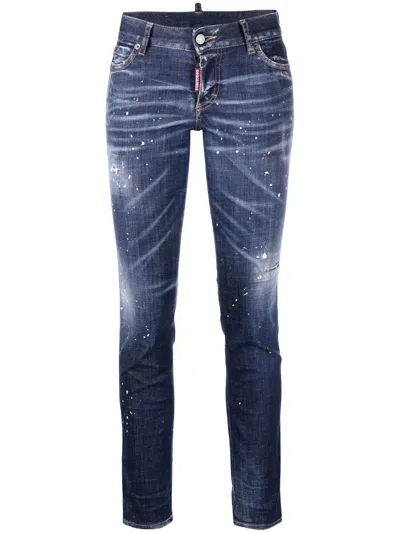 Dsquared2 Modern Destroyed Straight Leg Jeans With Leather Patch And Splatter Effect Print In Blue